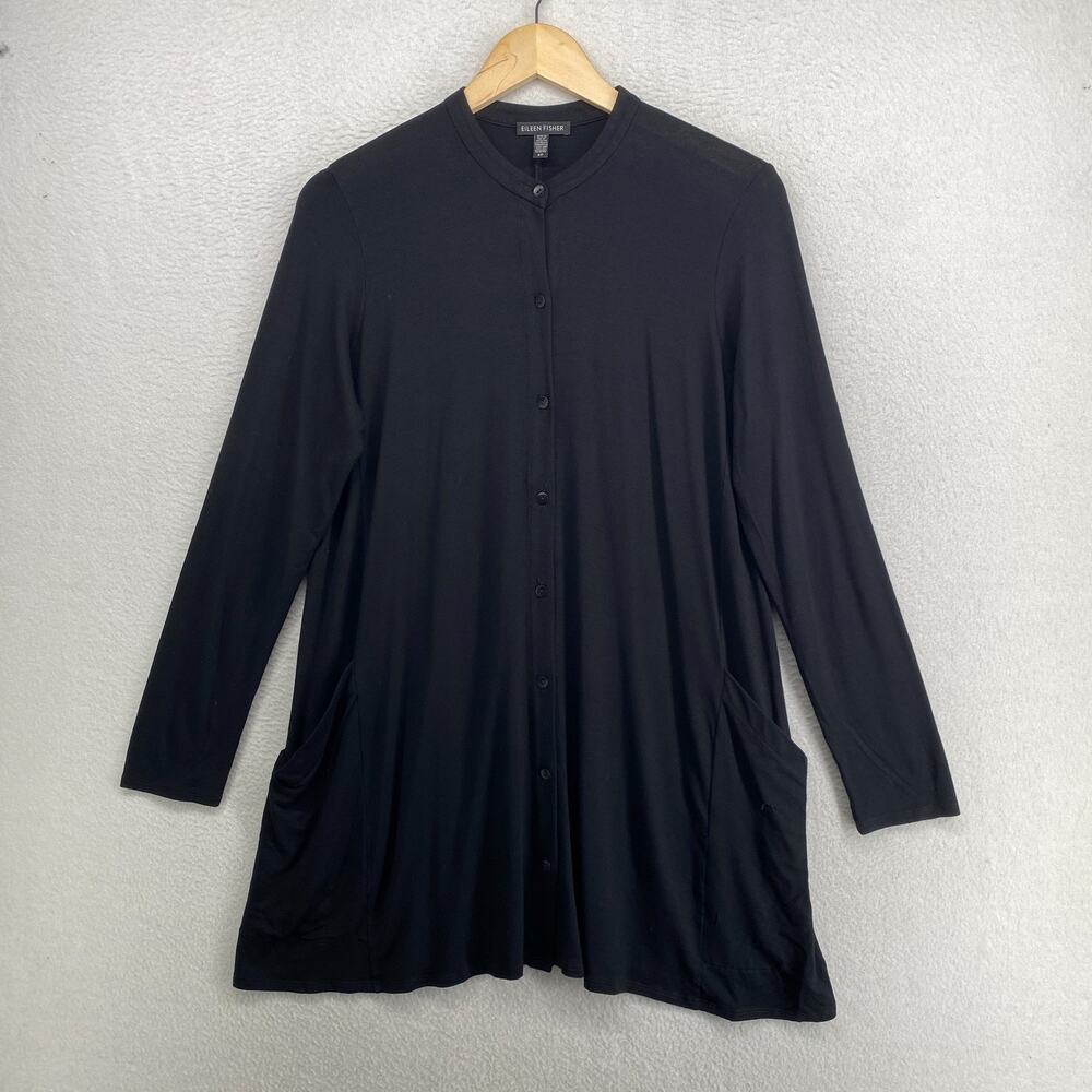 EILEEN FISHER Tunic S Stretch Viscose Blend Jersey Shirt Button Up Black USA